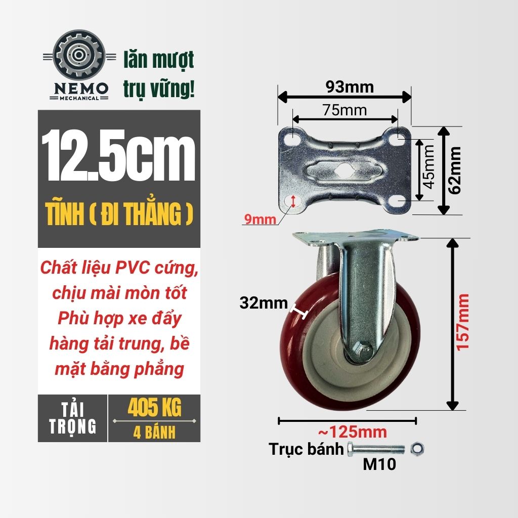 Bánh Xe Đẩy PVC Đỏ Mận – Càng Thép Dày 2.3mm (D75, D100, D125)